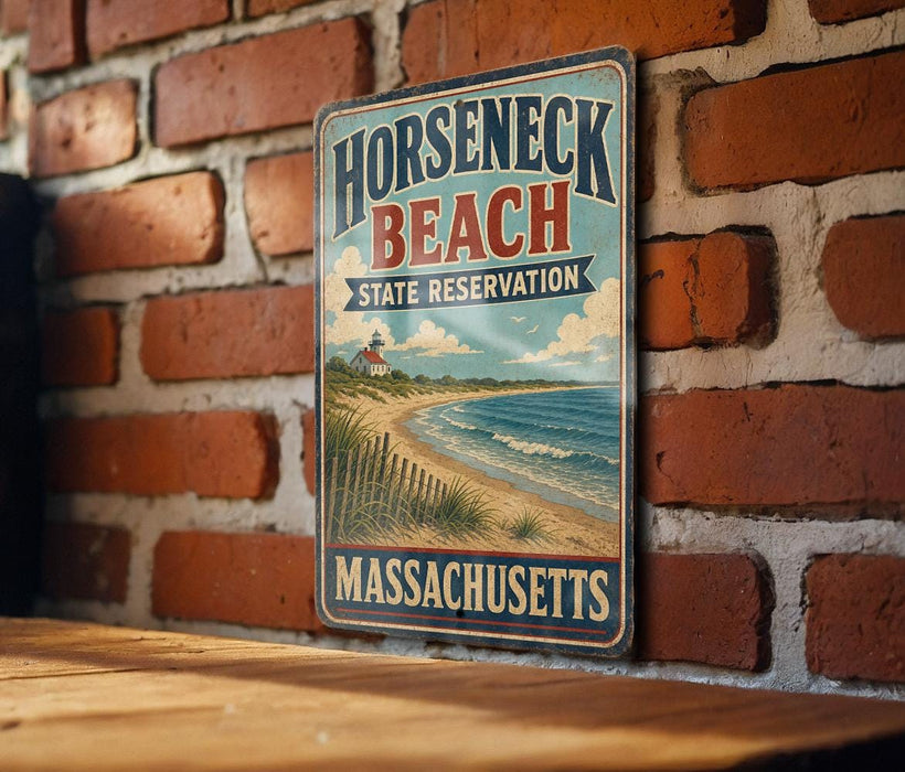 A vintage metal sign for Horseneck Beach State Reserve in Massachusetts, featuring a scenic beach and lighthouse illustration.