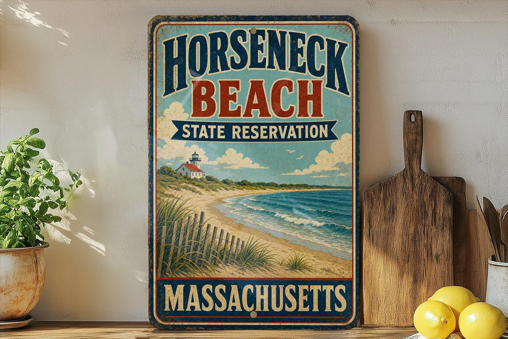A vintage-style sign for Horseneck Beach State Reserve in Massachusetts, featuring a lighthouse and beach scene.
