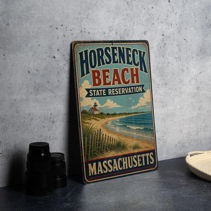 A vintage-style sign for Horseneck Beach State Reserve in Massachusetts, featuring a beach scene and a lighthouse.
