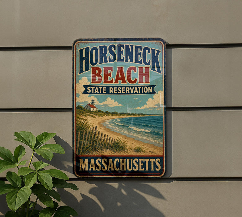 A vintage-style metal sign for Horseneck Beach State Reserve in Massachusetts, featuring a beach scene and a lighthouse.