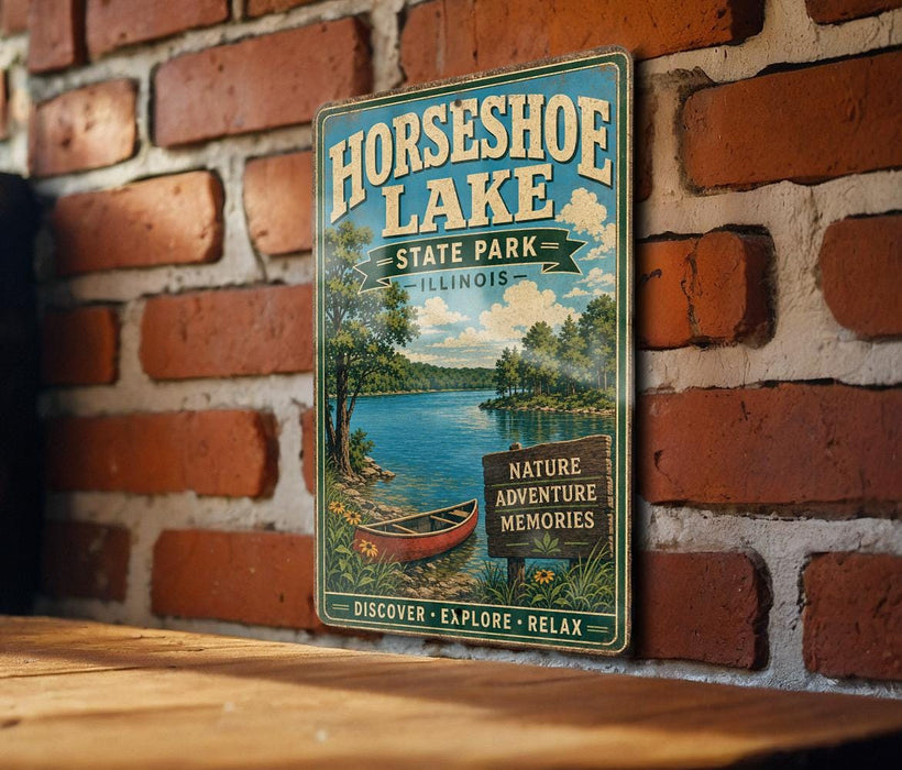A vintage-style metal sign for Horseshoe Lake, Illinois, featuring a scenic illustration of the lake and surrounding nature.