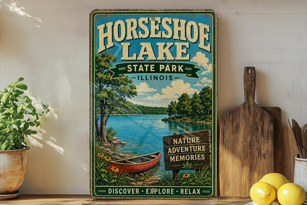 A vintage-style sign for Horseshoe Lake State Park in Illinois, featuring a scenic illustration of a lake surrounded by trees and a canoe.