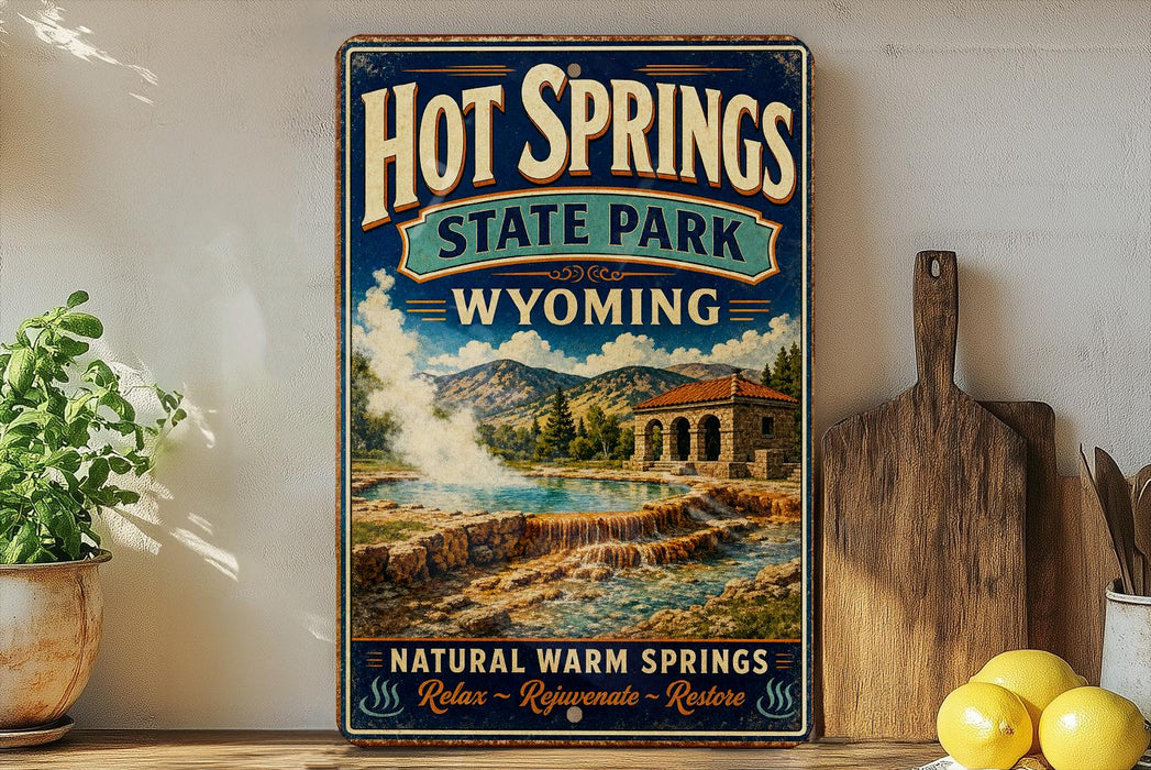 A vintage-style sign for Hot Springs State Park in Wyoming, featuring a scenic illustration of the natural hot springs and mountains.