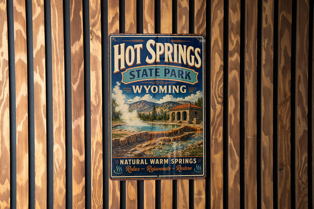 A vintage-style metal sign for Hot Springs State Park in Wyoming, featuring a scenic image of the park's natural hot springs.