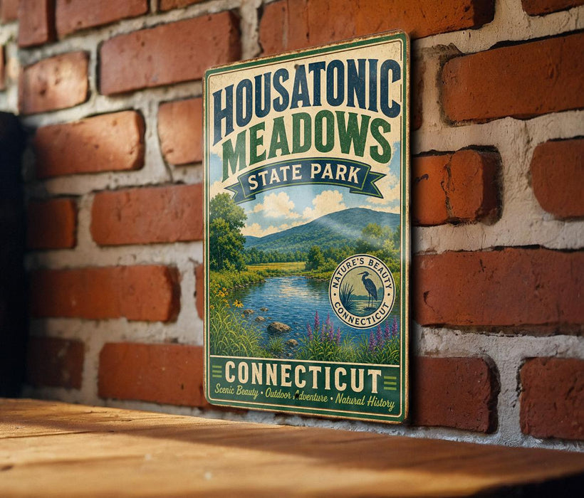 A vintage-style metal sign for Housatonic Meadows State Park in Connecticut, featuring a scenic landscape with a river and mountains.