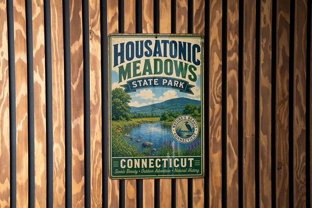 A metal sign with the text "Housatonic Meadows State Park" and "Connecticut" is displayed on a wooden wall.