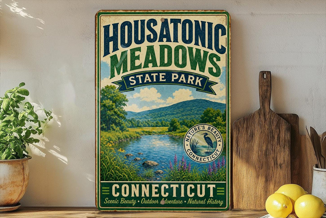 A vintage-style sign for Housatonic Meadows State Park in Connecticut, featuring a scenic landscape with a river and mountains.