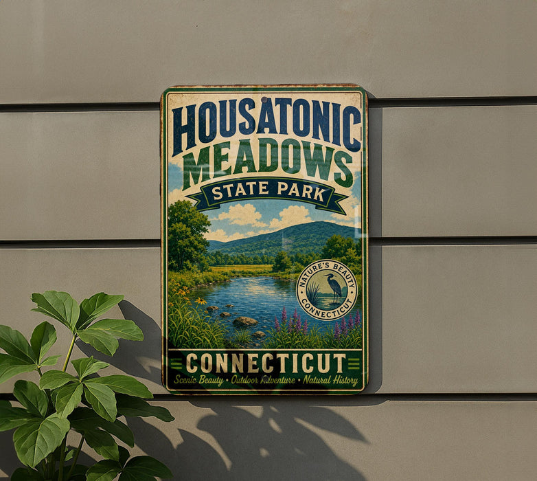 A vintage-style metal sign for Housatonic Meadows State Park in Connecticut, featuring a scenic landscape with a river and mountains.