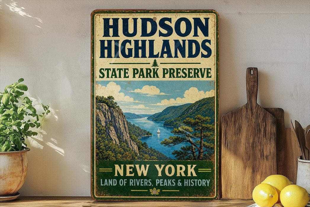 A vintage-style sign for Hudson Highlands State Park Preserve, featuring a scenic mountain landscape with a river and a boat, is displayed on a shelf next to a wooden cutting board and some lemons.