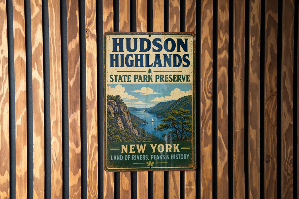 A vintage-style metal sign for Hudson Highlands State Park Preserve, featuring a scenic landscape with mountains, a river, and a boat.