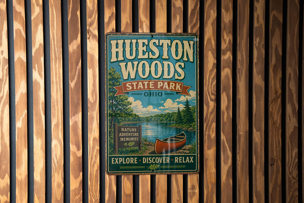 A vintage-style metal sign for Huesston Woods State Park in Ohio, featuring a canoe and a scenic landscape.