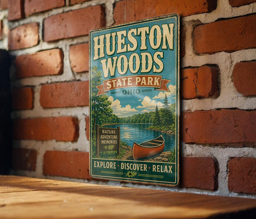A vintage-style metal sign for Huesston Woods State Park in Ohio, featuring a scenic illustration of a lake and forest.