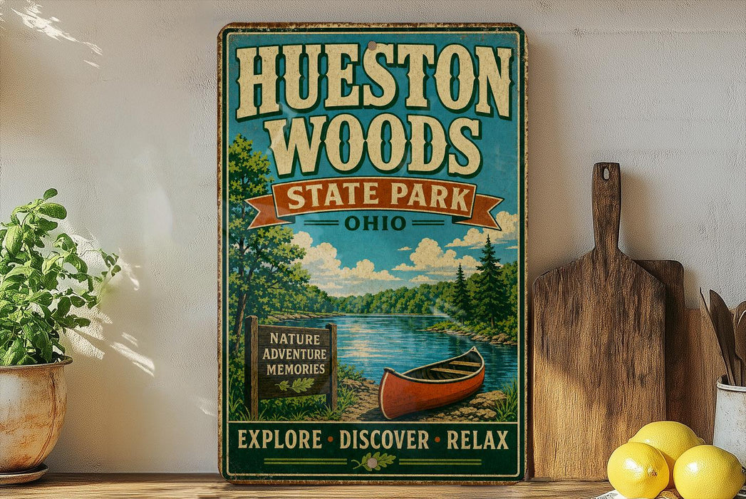 A vintage-style metal sign for Huesston Woods State Park, Ohio, featuring a canoe and a scenic landscape.