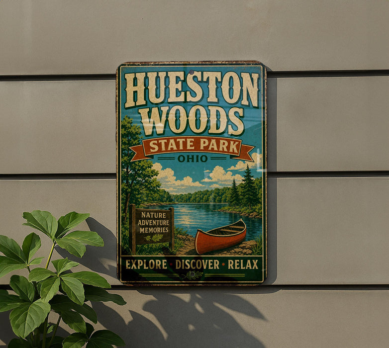 A vintage-style metal sign for Huesston Woods State Park in Ohio, featuring a canoe and a scenic landscape.