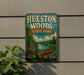 A vintage-style metal sign for Huesston Woods State Park in Ohio, featuring a canoe and a scenic landscape.