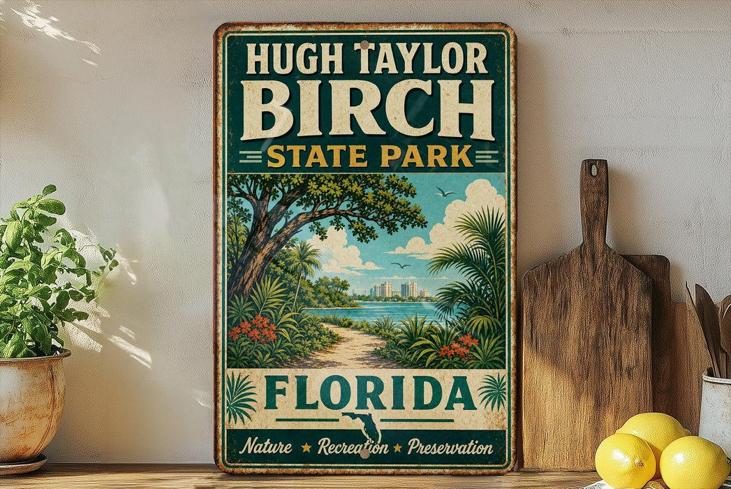 A vintage-style sign for Hugh Taylor Birch State Park in Florida, featuring a tropical landscape with palm trees, a beach, and a city skyline in the background.