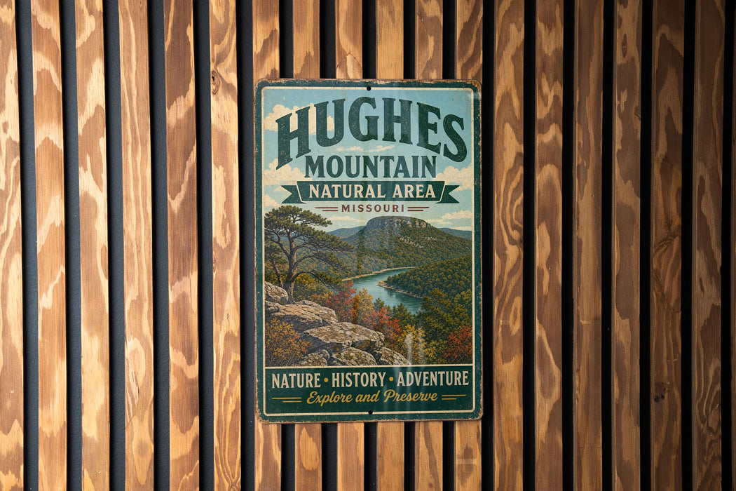 A vintage metal sign for Hughes Mountain Natural Area in Missouri, featuring a scenic landscape with a river and mountains.