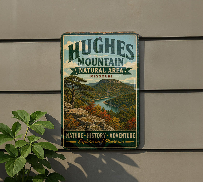 A vintage-style metal sign for the Hughes Mountain Natural Area in Missouri, featuring a scenic landscape with mountains, trees, and a river.