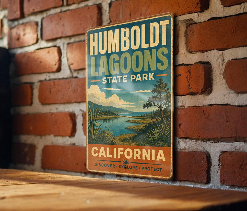 A vintage-style metal sign for Humboldt Lagoon State Park in California, featuring a scenic landscape with a lake and mountains.