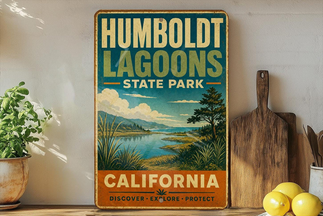 A vintage-style sign for Humboldt Lagoon State Park in California, featuring a scenic landscape with a lake and mountains.