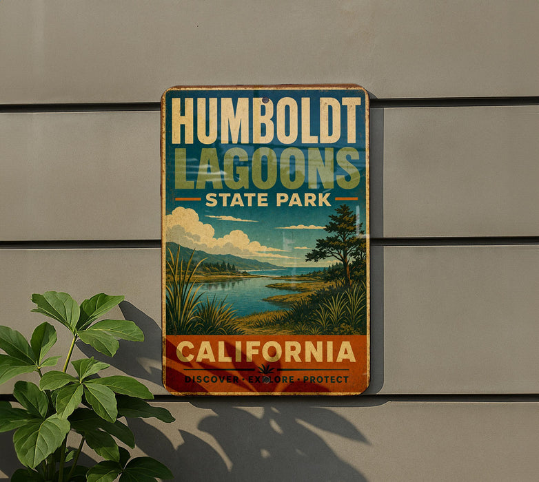 A vintage-style sign for Humboldt Lagoon State Park in California, featuring a scenic landscape with a lake, mountains, and palm trees.