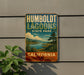 A vintage-style sign for Humboldt Lagoon State Park in California, featuring a scenic landscape with a lake, mountains, and palm trees.