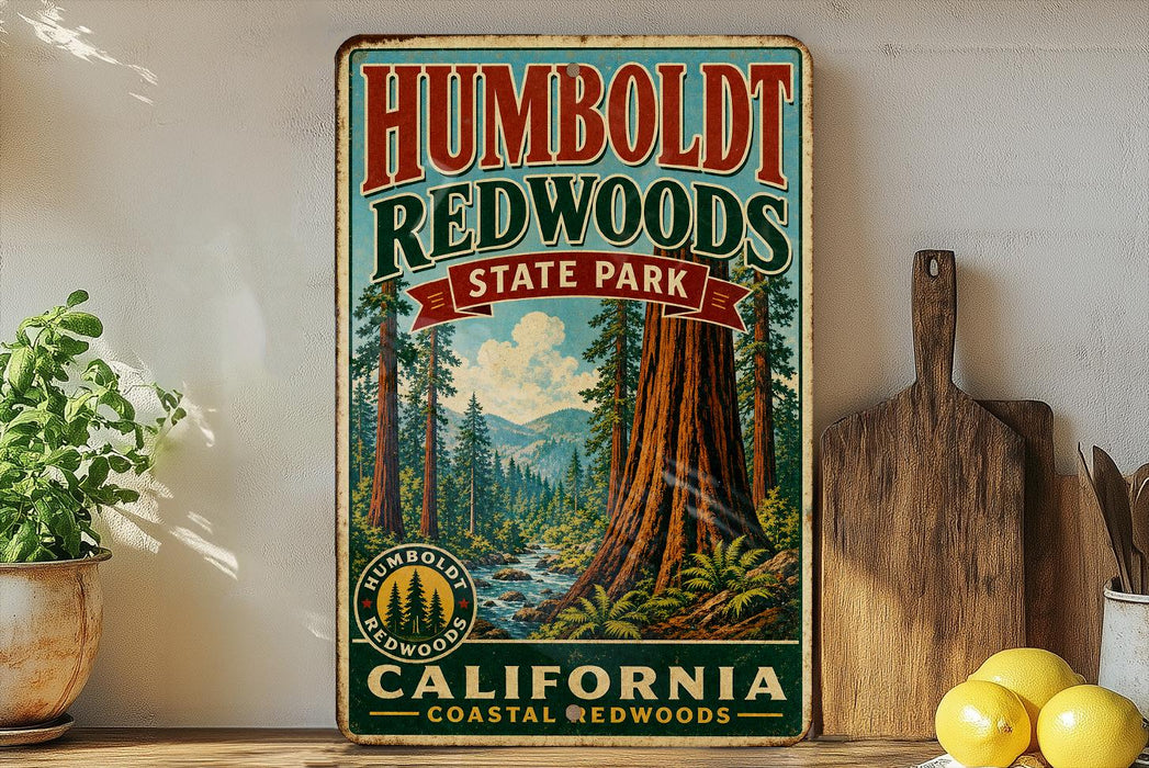 A vintage-style sign for Humboldt Redwoods State Park in California, featuring a scenic illustration of the park's iconic redwood trees and a river.