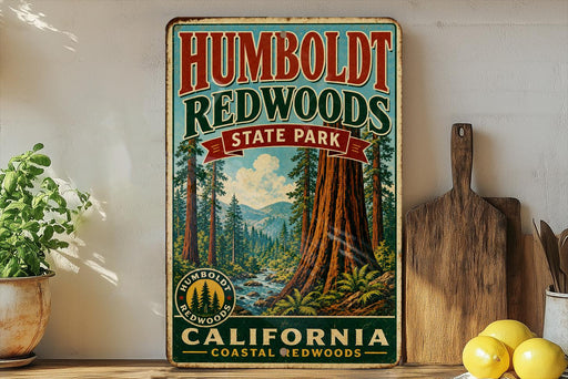 A vintage-style sign for Humboldt Redwoods State Park in California, featuring a scenic illustration of the park's iconic redwood trees and a river.