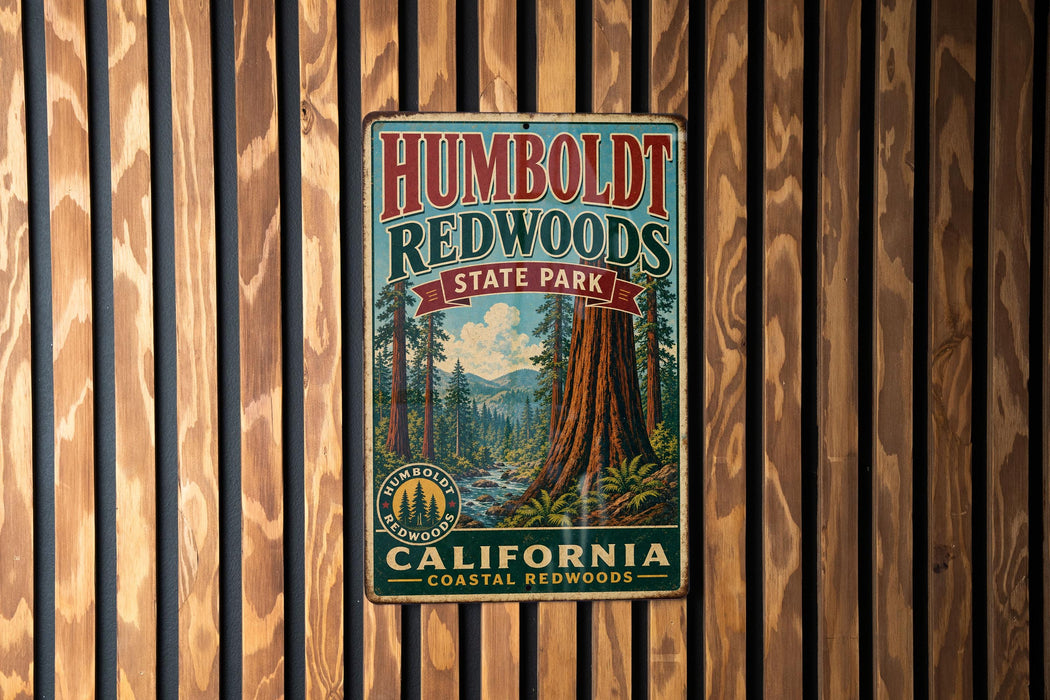 A vintage metal sign for Humboldt Redwoods State Park in California, featuring a scenic illustration of the park's iconic redwood trees.