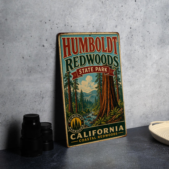 A vintage-style sign for Humboldt Redwoods State Park, featuring a scenic illustration of the park's landscape with towering redwood trees and a river.