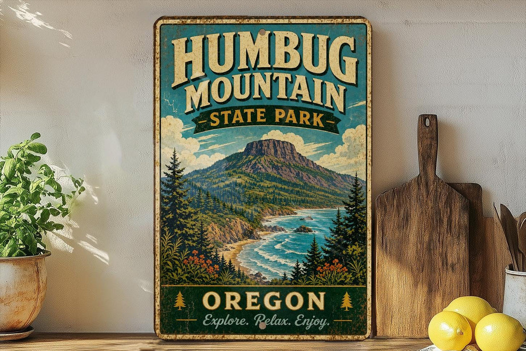 A vintage-style metal sign for Humbug Mountain State Park in Oregon, featuring a scenic mountain landscape with pine trees, a lake, and a beach.