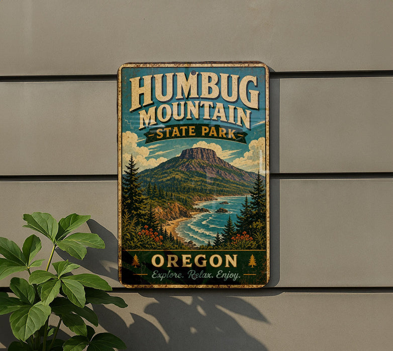 A vintage metal sign for Humbug Mountain State Park, featuring a scenic mountain landscape with pine trees, a river, and a beach.