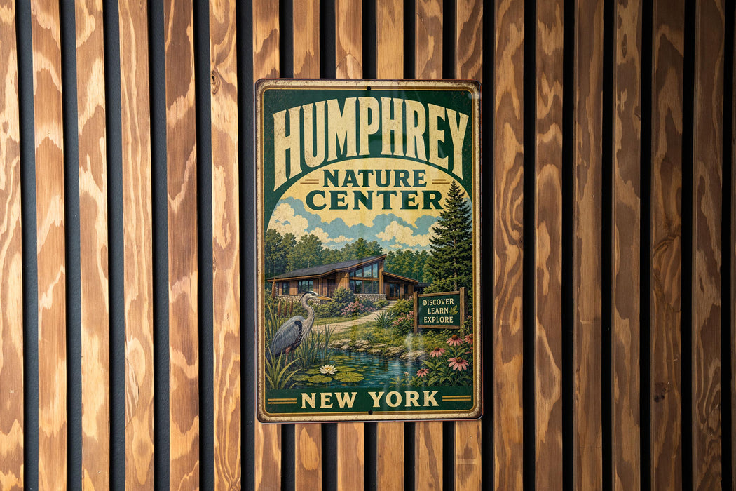 A vintage metal sign for the Humfrey Nature Center in New York, featuring an illustration of a pond, a bird, and a building surrounded by trees.
