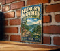 A vintage-style metal sign for Hungry Mother State Park in Virginia, featuring a scenic mountain landscape and inviting visitors to explore, hike, and relax.