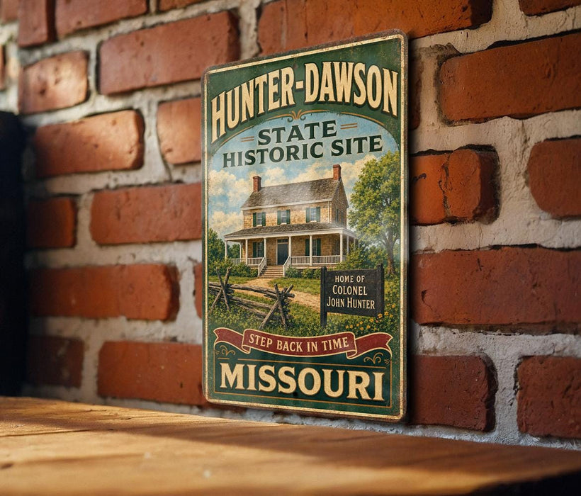 A vintage metal sign for the Hunter-Dawson State Historic Site in Missouri, featuring a house and a sign that says "Home of Colonel John Hunter".