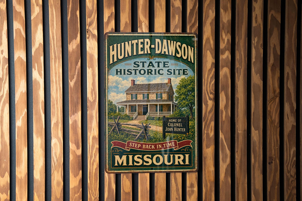 A vintage metal sign for the Hunter-Dawson State Historic Site in Missouri, featuring an illustration of a historic house surrounded by trees.