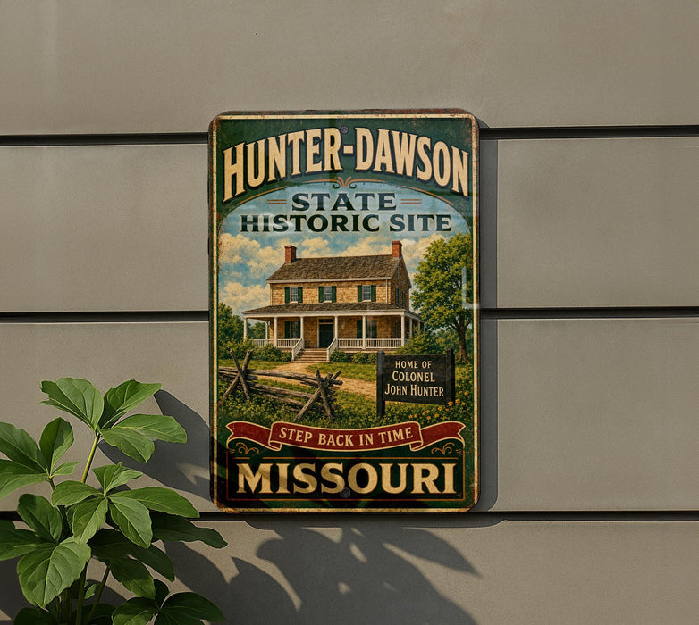 A vintage-style metal sign for the Hunter-Dawson State Historic Site in Missouri, featuring a house and a sign that says "Step back in time".