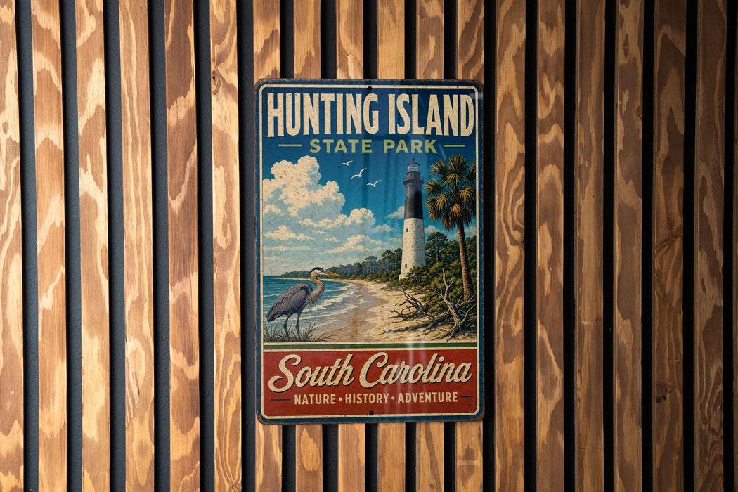 A vintage-style metal sign for Hunting Island State Park, featuring a lighthouse, beach, and birds, is displayed on a wooden fence.