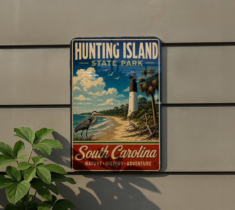 A vintage-style metal sign for Hunting Island State Park, featuring a lighthouse, palm trees, and a beach scene.