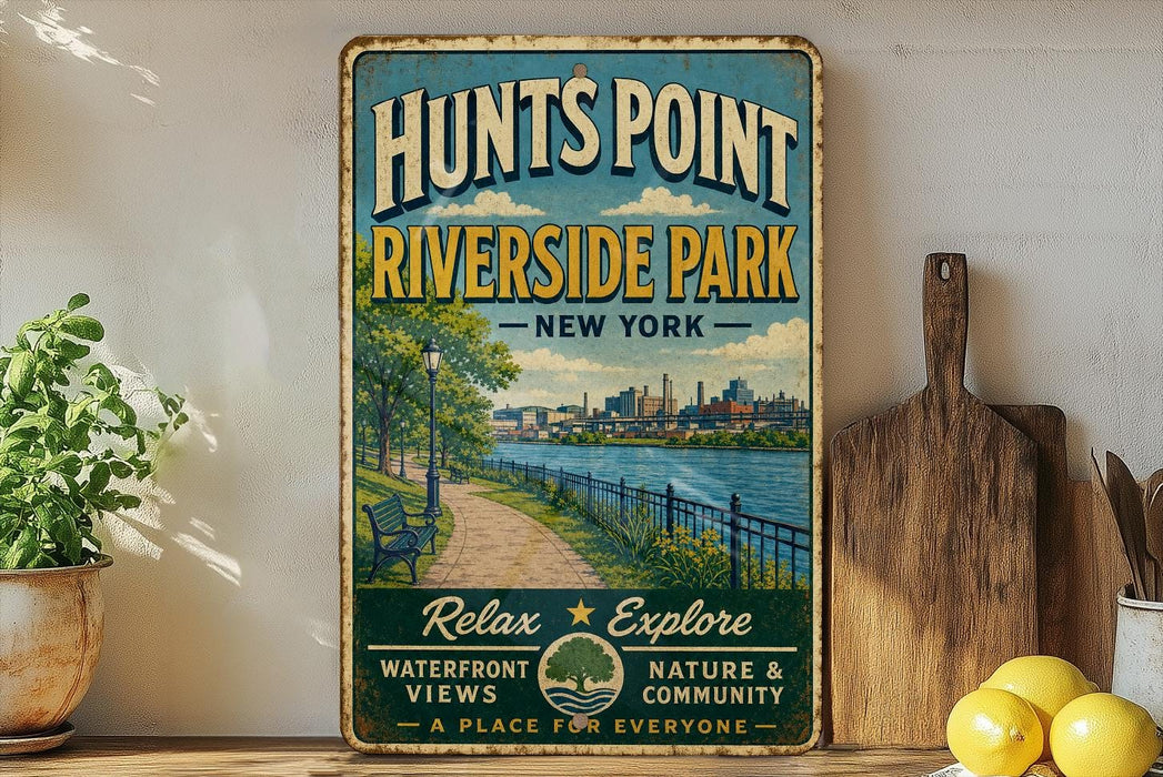 A vintage-style metal sign for "HUNTS POINT RIVERSIDE A PARK NEW YORK" is displayed on a shelf, with a potted plant and a wooden cutting board nearby.