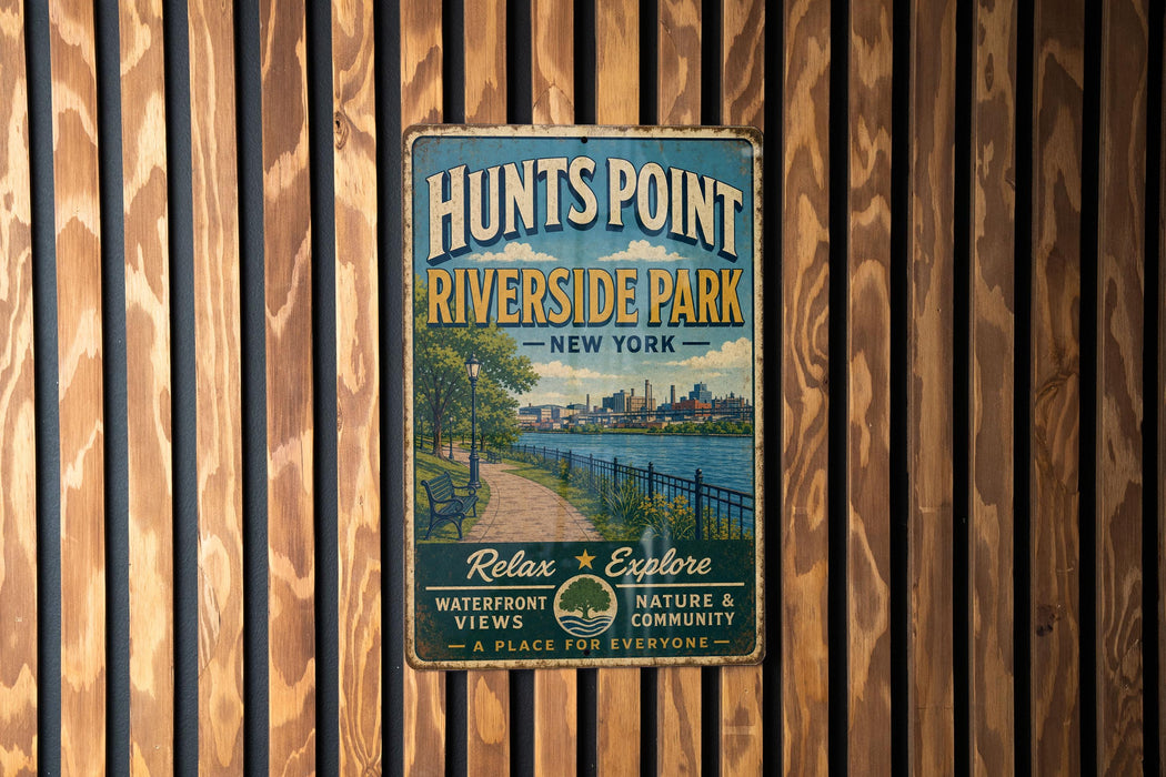 A vintage metal sign for Hunts Point Riverside Park in New York, featuring a scenic image of the park and a path leading to the water.