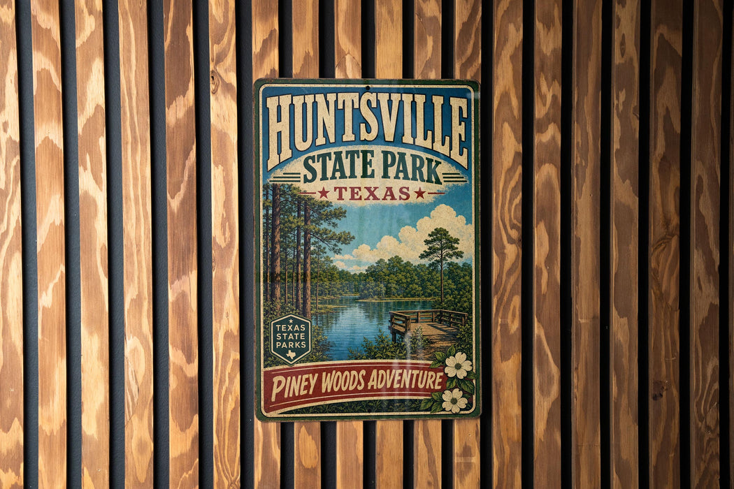 A vintage-style metal sign for the "Piney Woods Adventure" at the "Huntsville State Park, Texas" is displayed on a wooden wall.