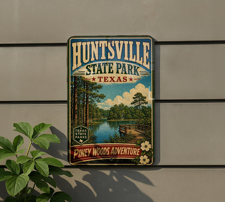 A vintage-style metal sign for Huntsville State Park in Texas, featuring a scenic landscape with a lake, bridge, and pine trees.