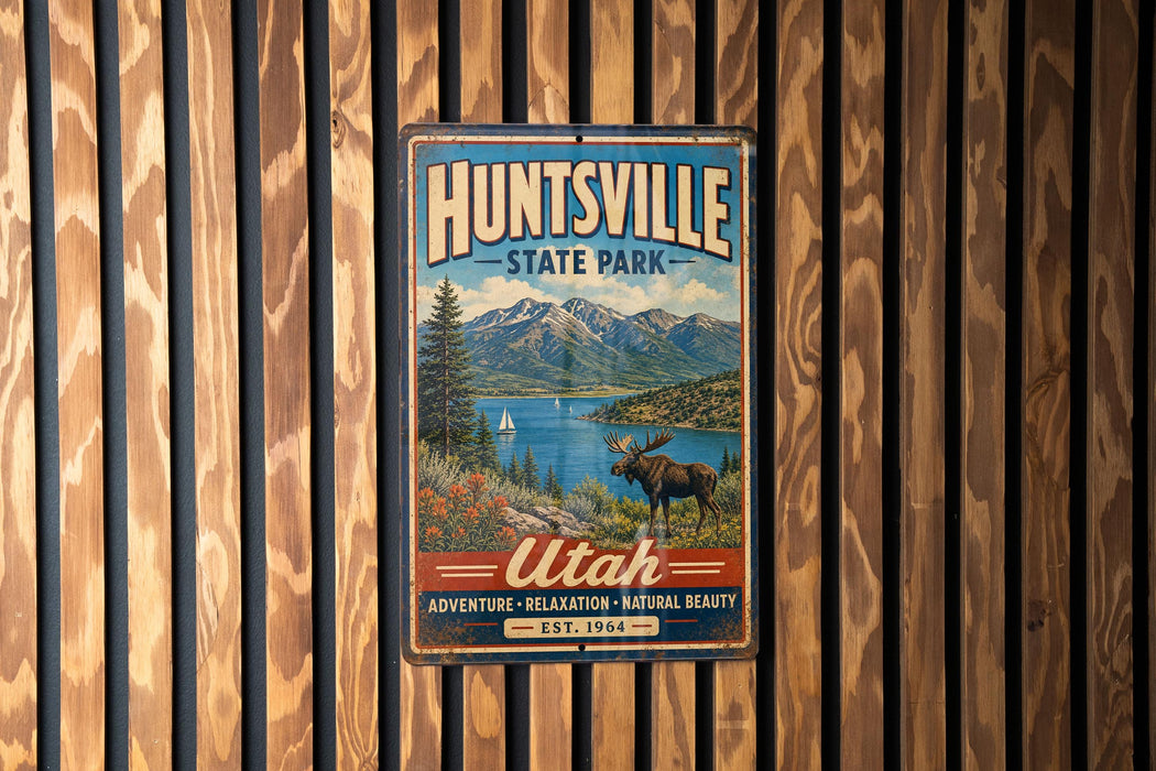 A vintage metal sign for Huntsville State Park, featuring a scenic landscape with mountains, a moose, and a lake.