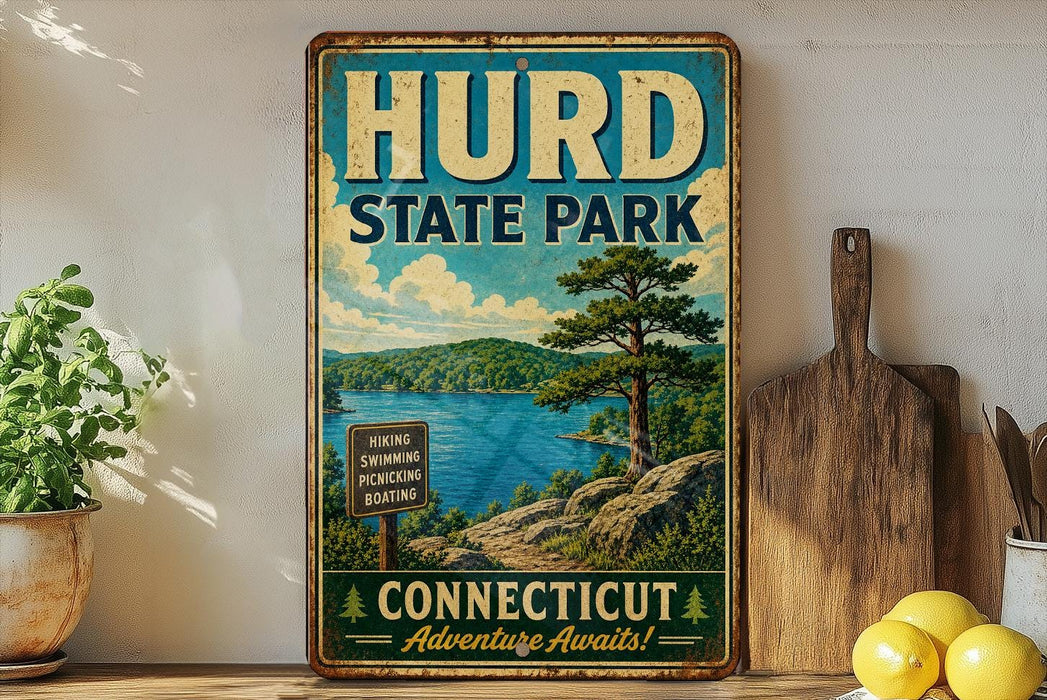 A vintage-style sign for Hurd State Park in Connecticut, featuring a scenic landscape with a lake, mountains, and pine trees.