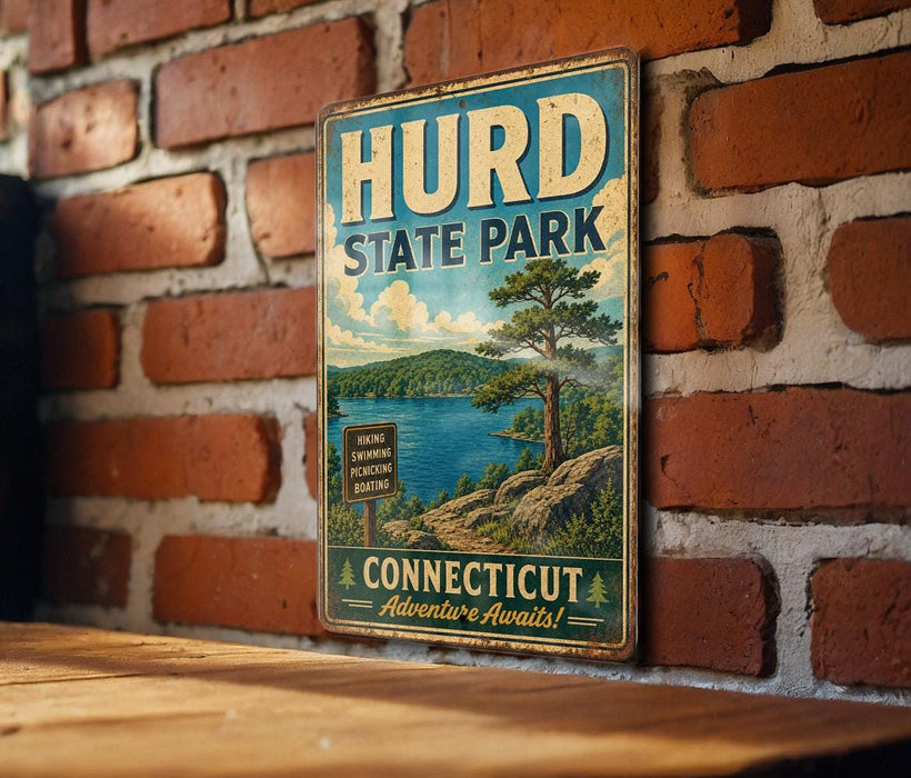 A vintage metal sign for Hurd State Park hangs on a brick wall, featuring a scenic landscape with a lake and mountains.
