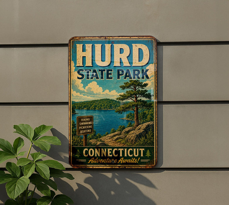 A vintage metal sign for Hurd State Park, featuring a scenic landscape with a lake, mountains, and pine trees.