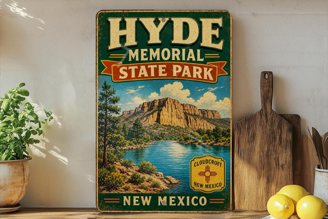 A vintage-style sign for Hyde Memorial State Park in New Mexico, featuring a scenic landscape with mountains, a lake, and a wooden paddleboard.