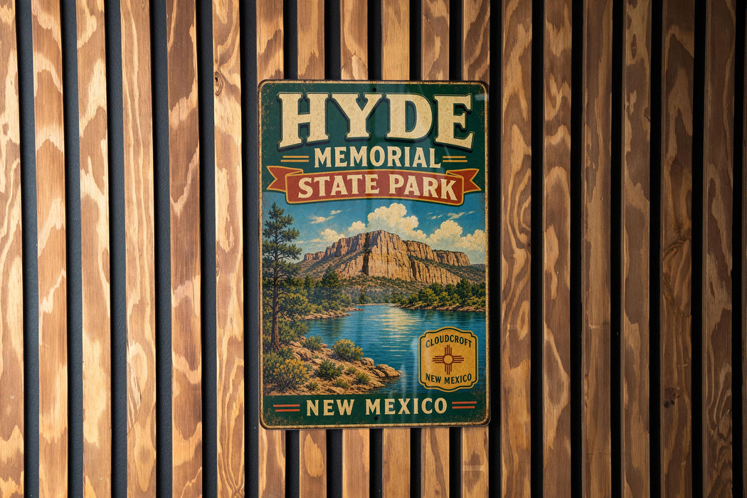 A vintage metal sign for Hyde Memorial State Park in New Mexico, featuring a scenic landscape with mountains, a lake, and a sign that says "CLOUDROUGHT NEW MEXICO".
