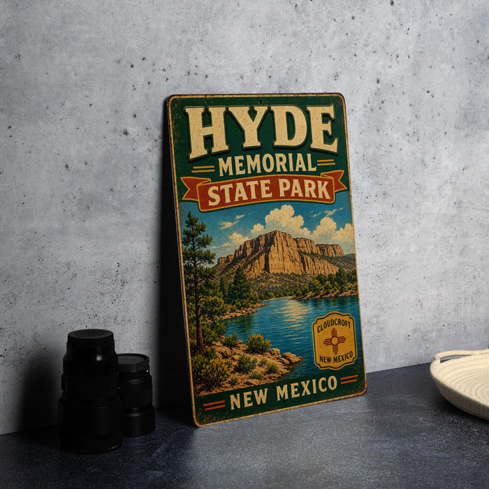 A vintage-style metal sign for Hyde Memorial State Park in New Mexico, featuring a scenic landscape with mountains, a lake, and a desert backdrop.